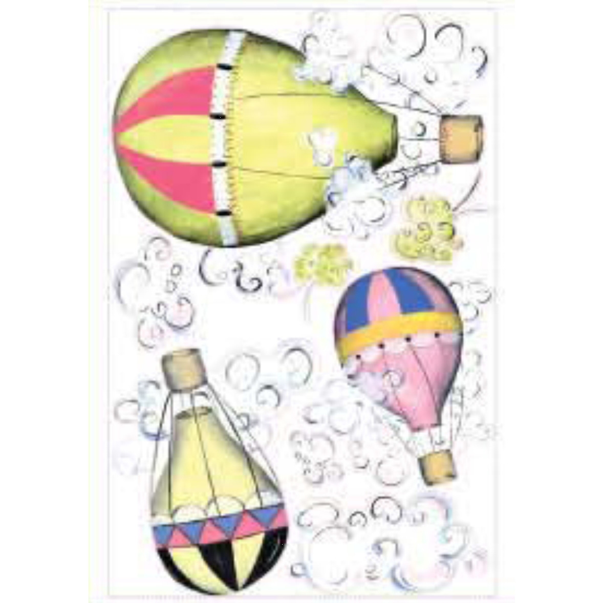 RoomMates wall decal Oh La, decal sheet with colourful hot air balloon motifs and wisps of cloud on a white background