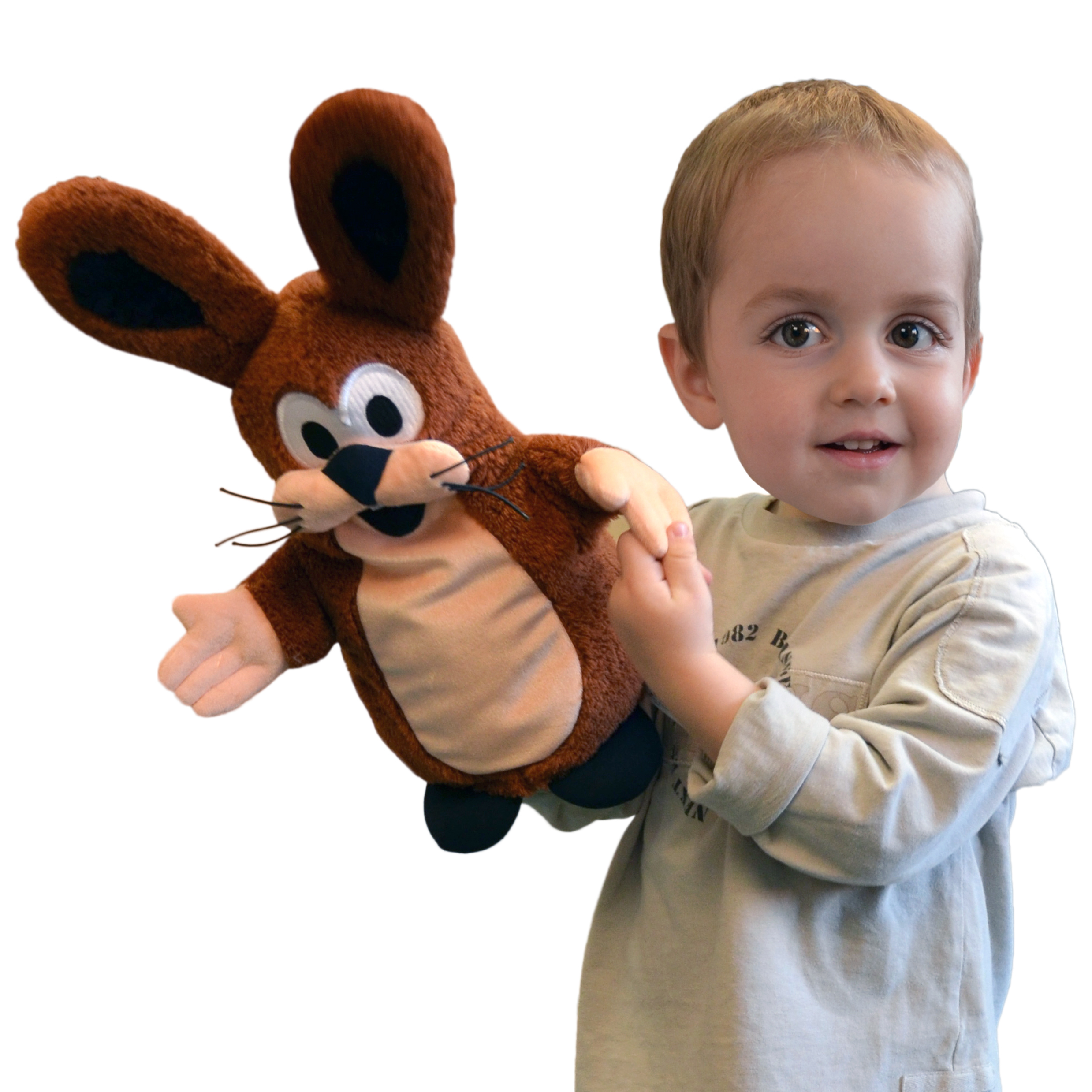 Kind spielt mit der Kasperlepuppe Hase aus der Serie Der kleine Maulwurf von munabo