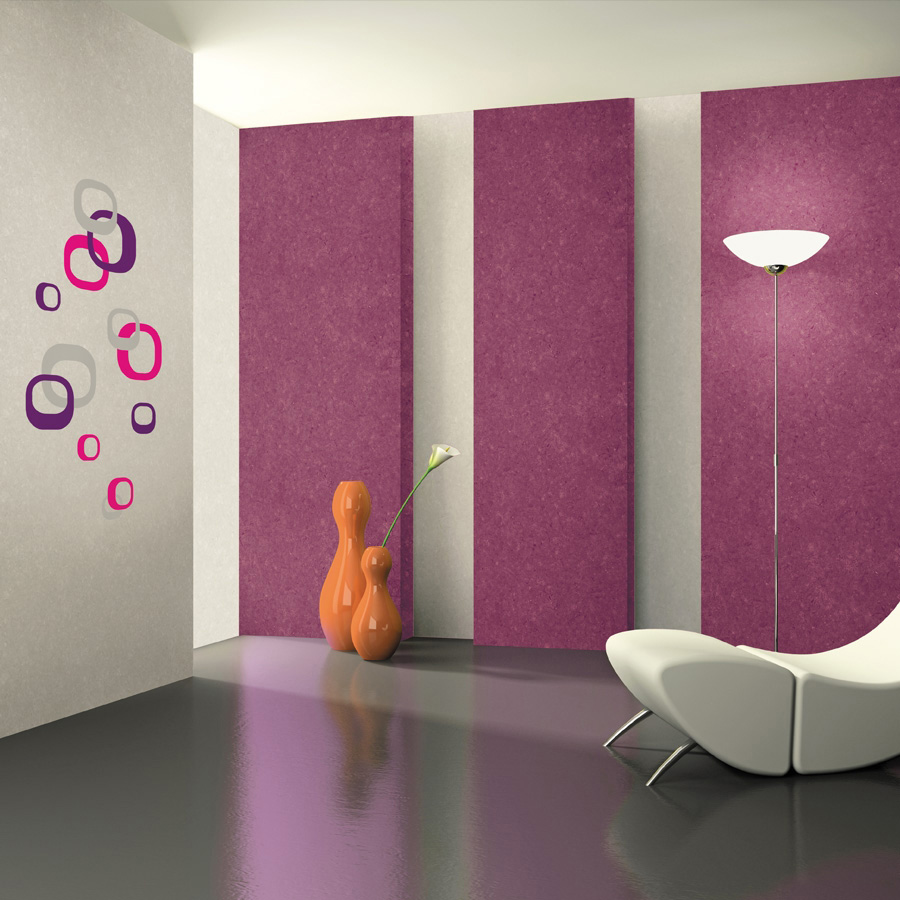 RoomMates Wandbild Modern Ovals, pinke, lila und graue Ovalringe an einer grauen Wand neben pinken Sockeln