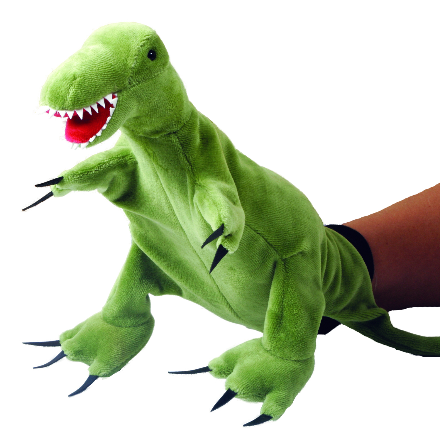 Beleduc hand puppet T-Rex with a green body, an open mouth with white teeth and sharp claws