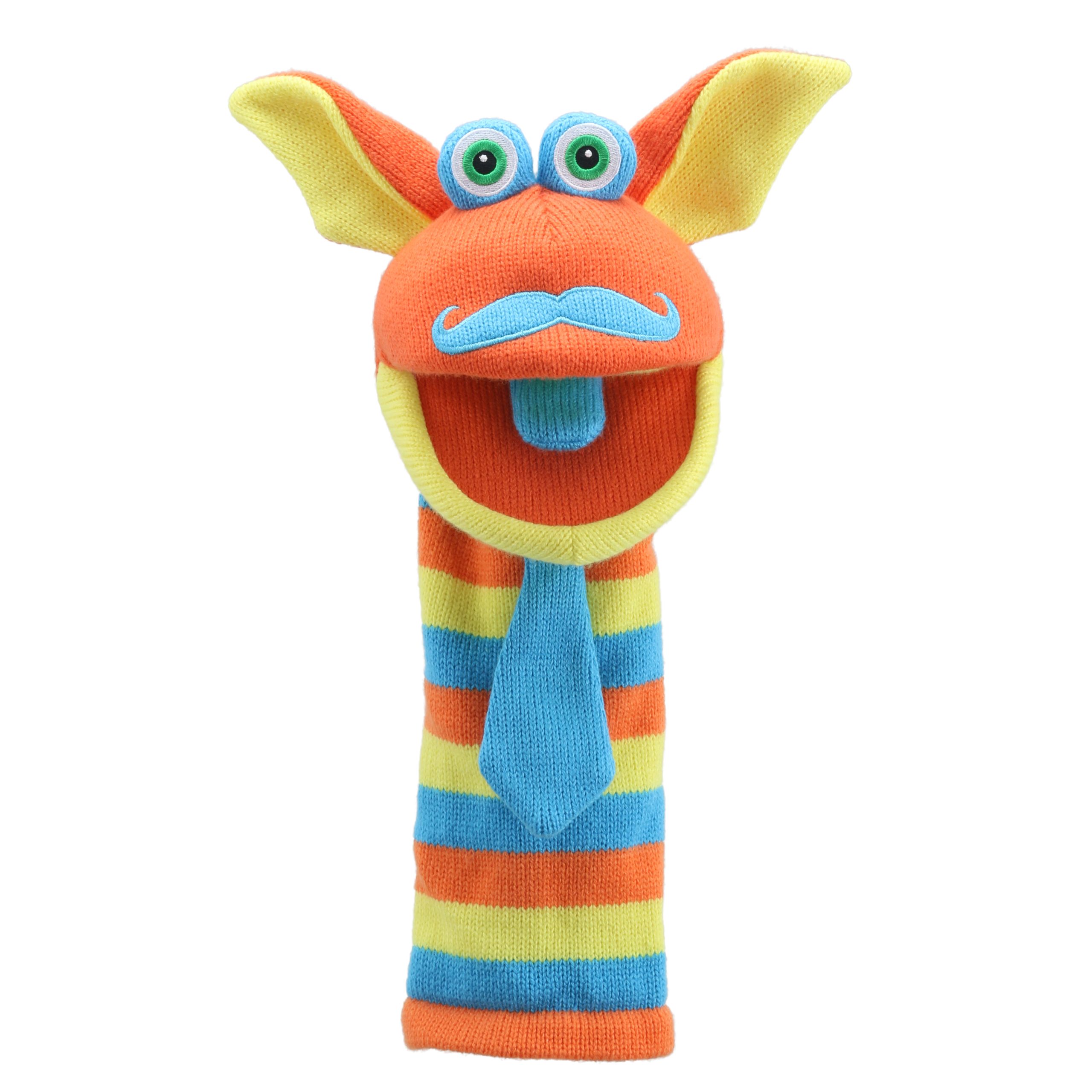 The Puppet Company Sockenhandpuppe Mango, oranges Monster mit großen Ohren, blauem Schnurrbart und gestreifter Krawatte