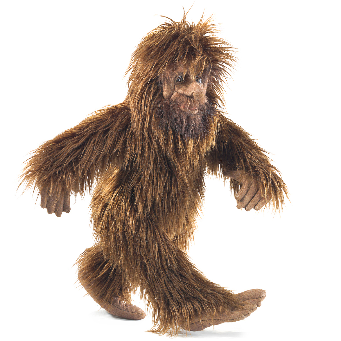 Folkmanis Handpuppe Bigfoot mit zottigem braunem Langhaarfell, markanten großen Füßen und ausgebreiteten Armen, Frontansicht