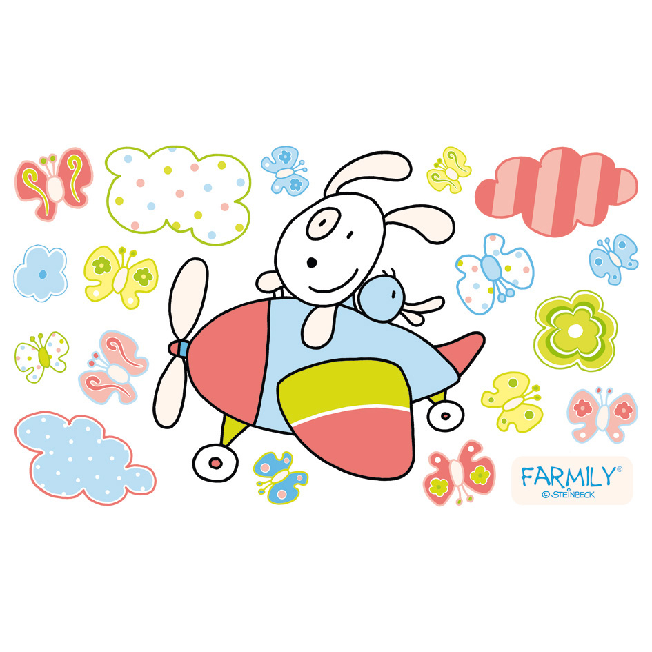 Dinico Sticker-Sortiment Farmily, Hase in rot-blauem Propellerflugzeug, dazu Wolken, Blumen und Schmetterlinge