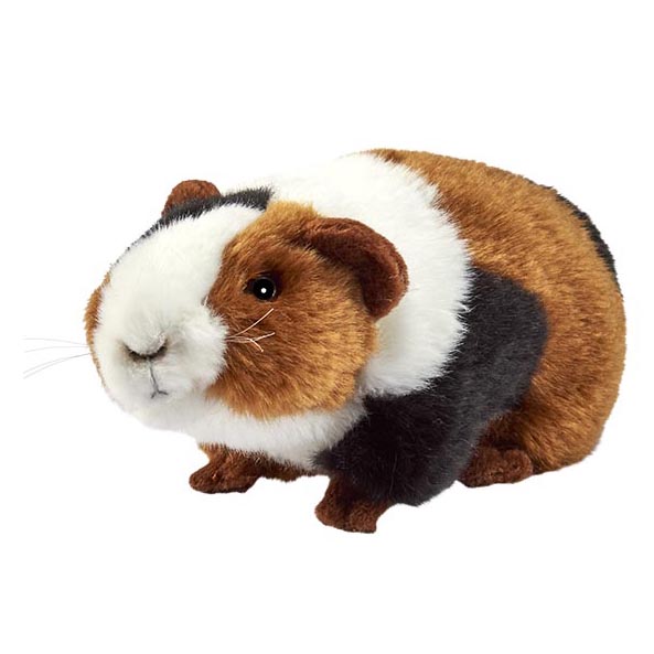 Meerschweinchen Kuscheltier von Anima mit braun-schwarz-weißem Fell und weißer Blesse, seitlich stehend
