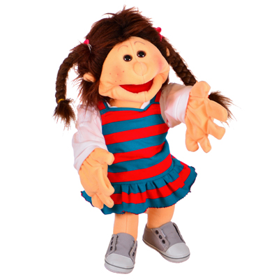 Living Puppets hand puppet Lischa with brown plaited pigtails, blue and red striped dress and grey trainers, arms spread wide