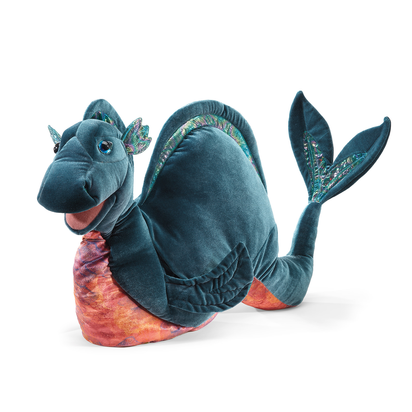 Folkmanis hand puppet Loch Ness Monster in teal blue velvet with iridescent dorsal fins and orange belly, side view