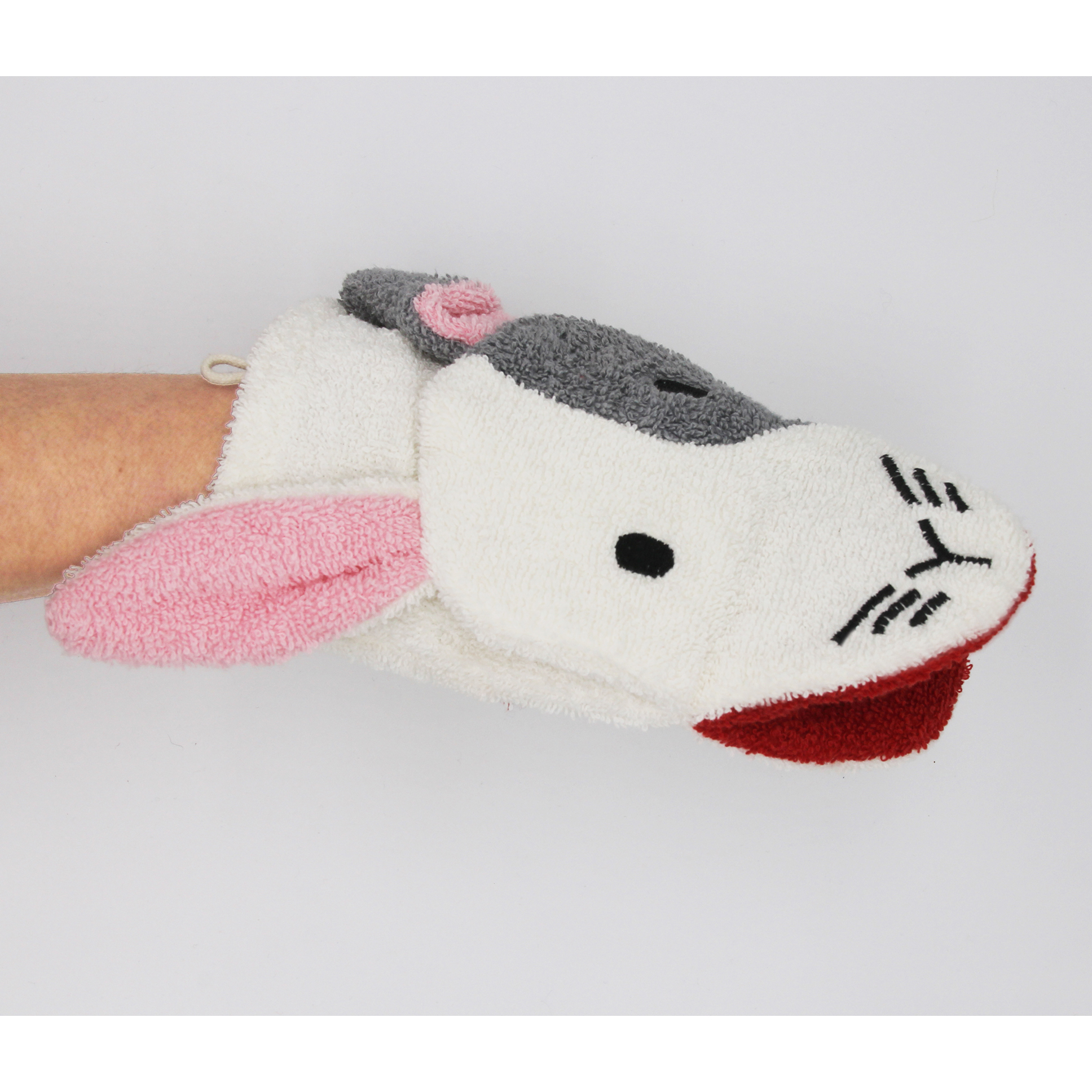 Fürnis organic washcloth rabbit Henry worn as mitt on arm, open mouth showing red lining