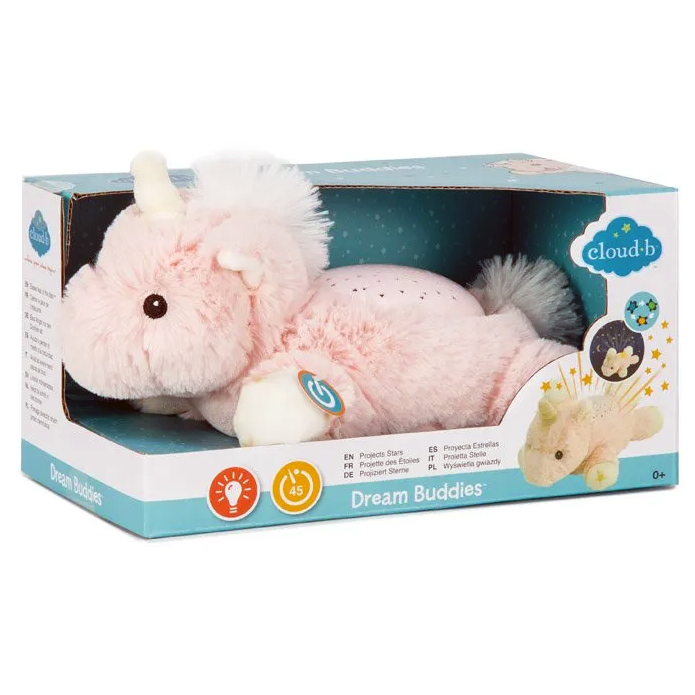 Cloud b Einschlafhilfe Dream Buddies Einhorn, Verpackung mit rosa Kuscheltier und Produktabbildung im Dunkeln