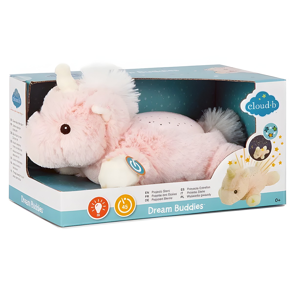 Cloud b Einschlafhilfe Dream Buddies Einhorn, Verpackung mit rosa Kuscheltier und Produktabbildung im Dunkeln