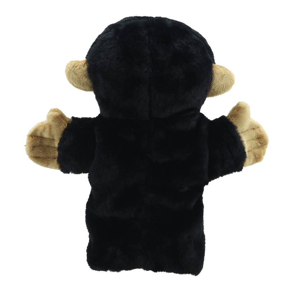 The Puppet Company Baby-Handpuppe Schimpanse, schwarzer Affe mit beigen Ohren, Rückansicht