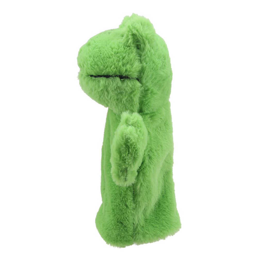 The Puppet Company baby hand puppet frog, side view with green fur and a round head