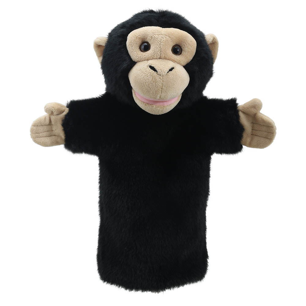 The Puppet Company Baby-Handpuppe Schimpanse, schwarze Affen-Handpuppe mit beigem Gesicht, Frontansicht