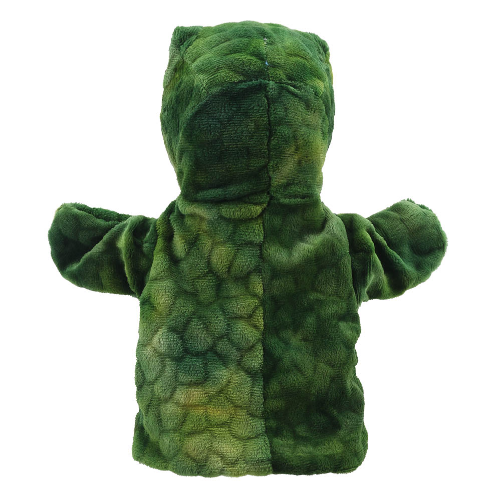 The Puppet Company T-Rex dinosaur hand puppet, green dinosaur with a ridged back, back view