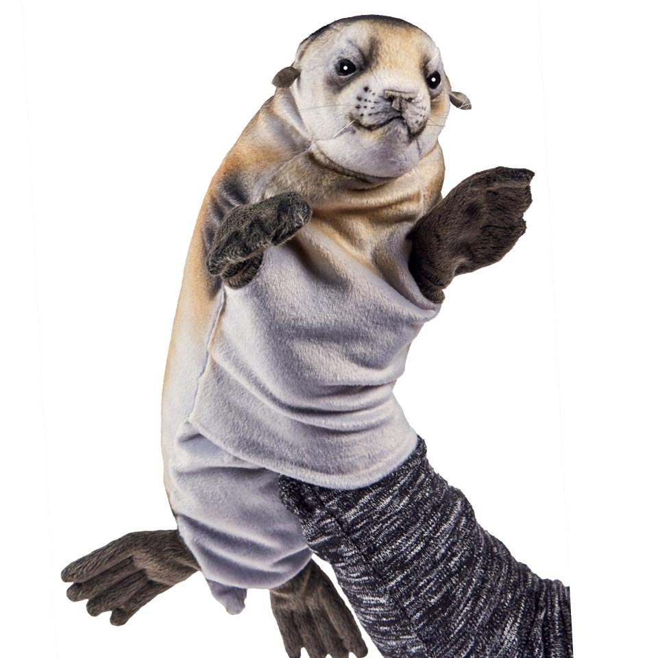 Mönchsrobbe Handpuppe von Hansa Creation mit silbergrauem Körper und dunklen Flossen