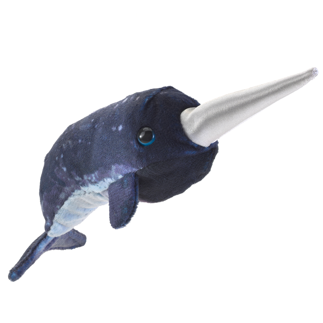 Folkmanis Fingerpuppe mini Narwal in Dunkelblau mit silbergrauem Horn und hellblauen Flecken, Seitenansicht