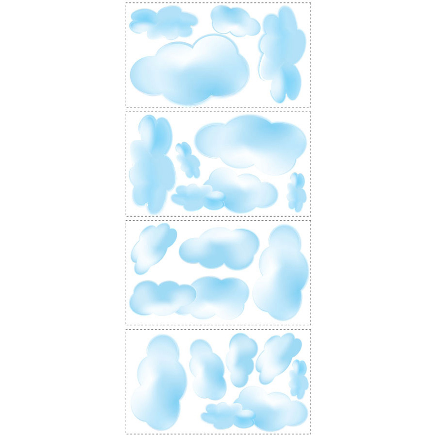 RoomMates Wandsticker Clouds, vier Klebebögen mit hellblauen Wolkenmotiven auf weißem Untergrund