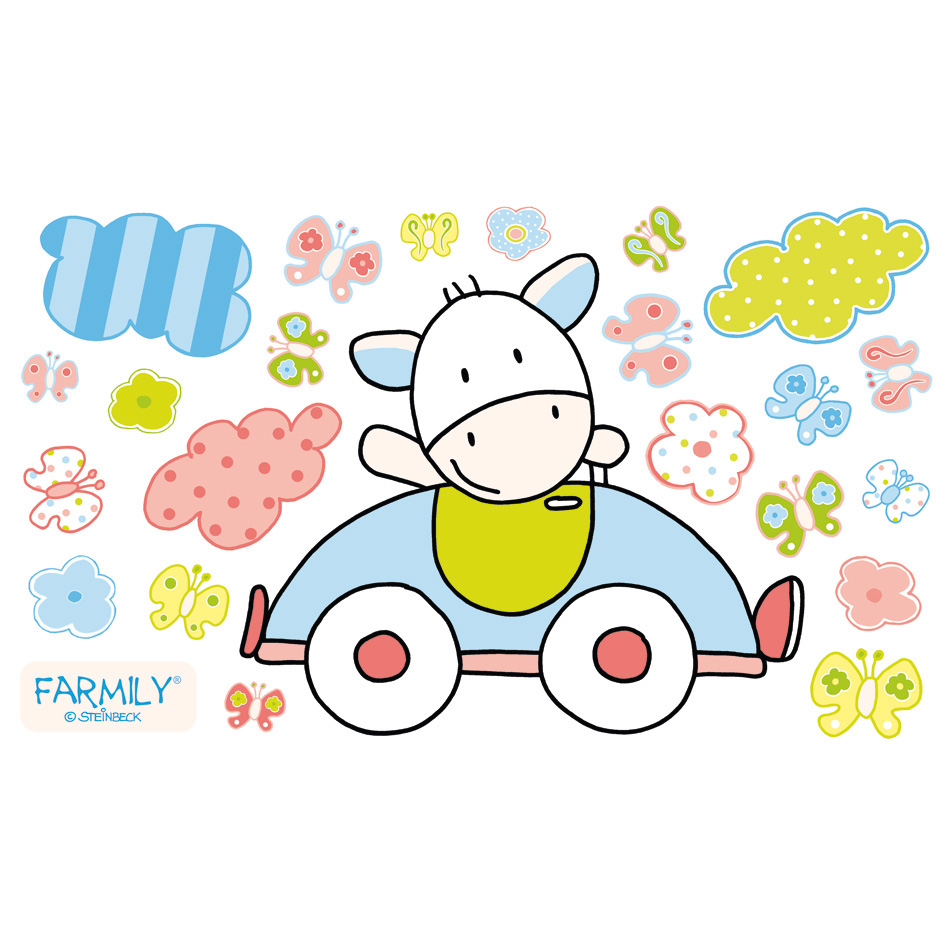 Dinico Sticker-Sortiment Farmily, Kuh-Figur in hellblauem Spielzeugauto, umgeben von Wolken, Blumen und Schmetterlingen