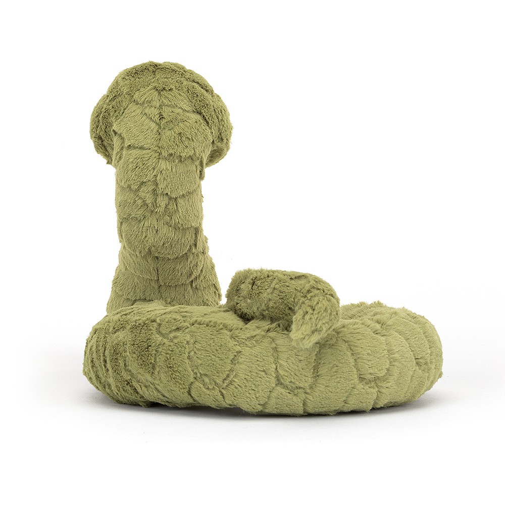 Jellycat Kuscheltier Schlange Stevie Snake, Rückansicht des aufgerichteten Kopfes mit geringeltem Körper