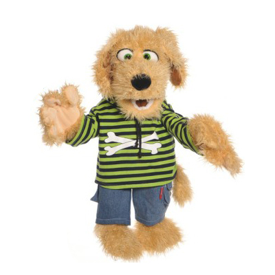 Living Puppets hand puppet Bosse the dog in a green striped shirt with bone motif and denim shorts