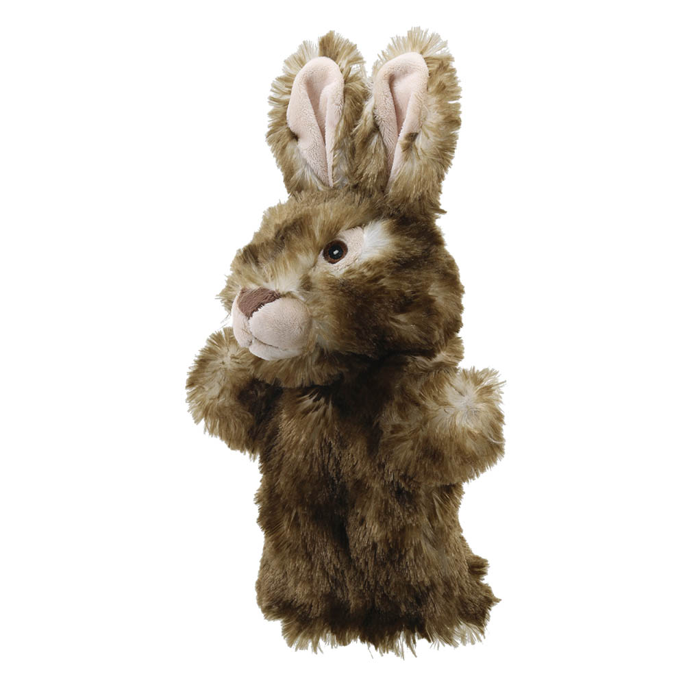 The Puppet Company Baby-Handpuppe Wildkaninchen, braun meliertes Kaninchen mit erhobener Pfote, Frontansicht