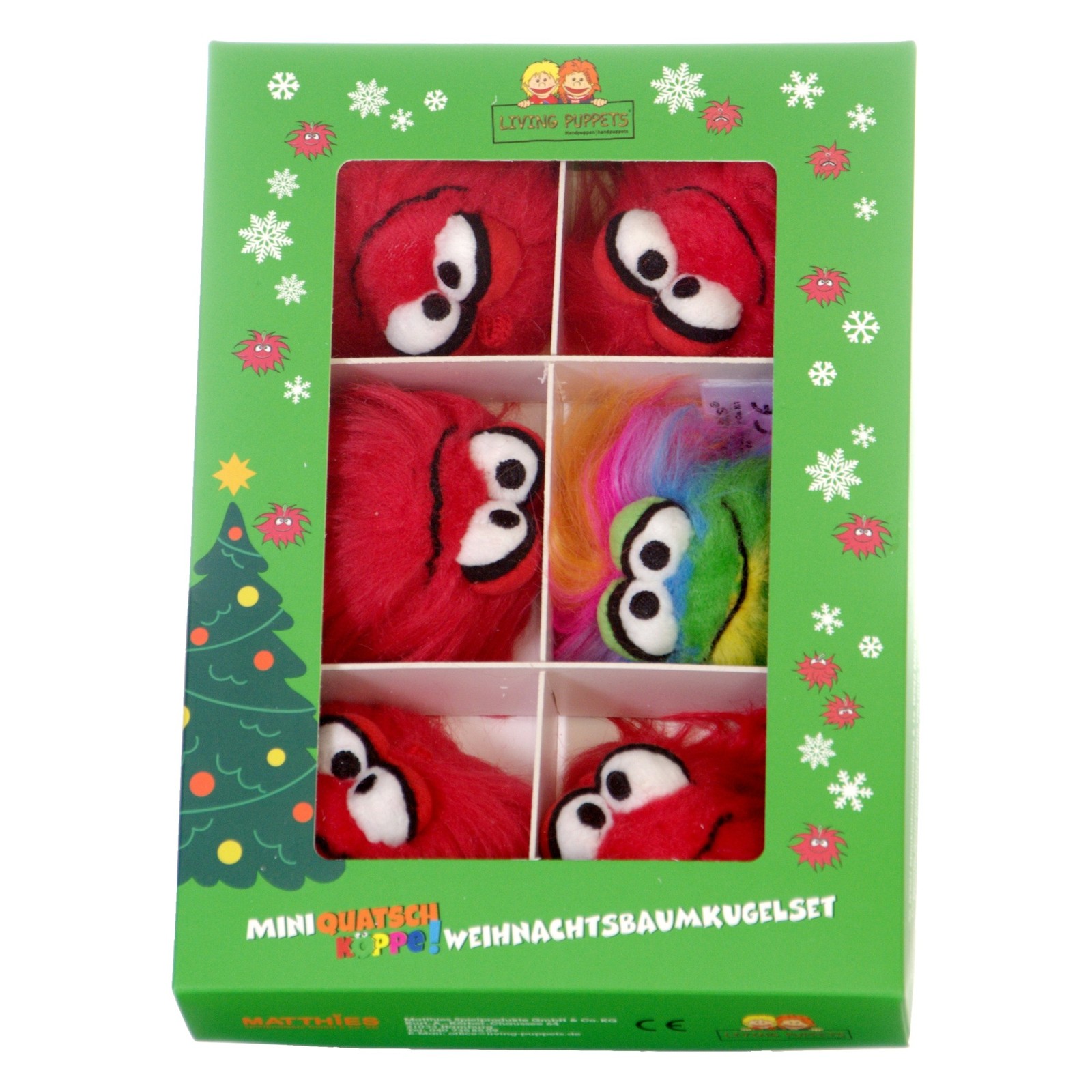 Living Puppets Mini Quatschköppe Christmas tree decorations - green box with a window showing five red Quatschköppe and one in rainbow colours