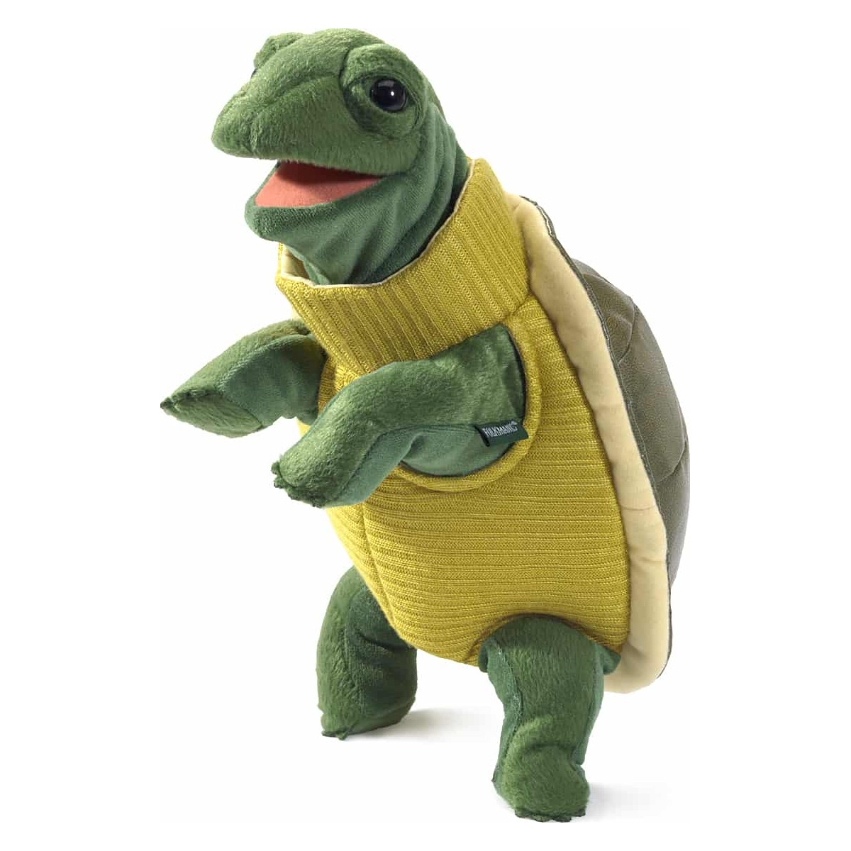 Folkmanis Handpuppe Schildkröte mit gelbem Rollkragen, geöffnetem Maul und grünem Plüschkörper, auf einer Hand geführt
