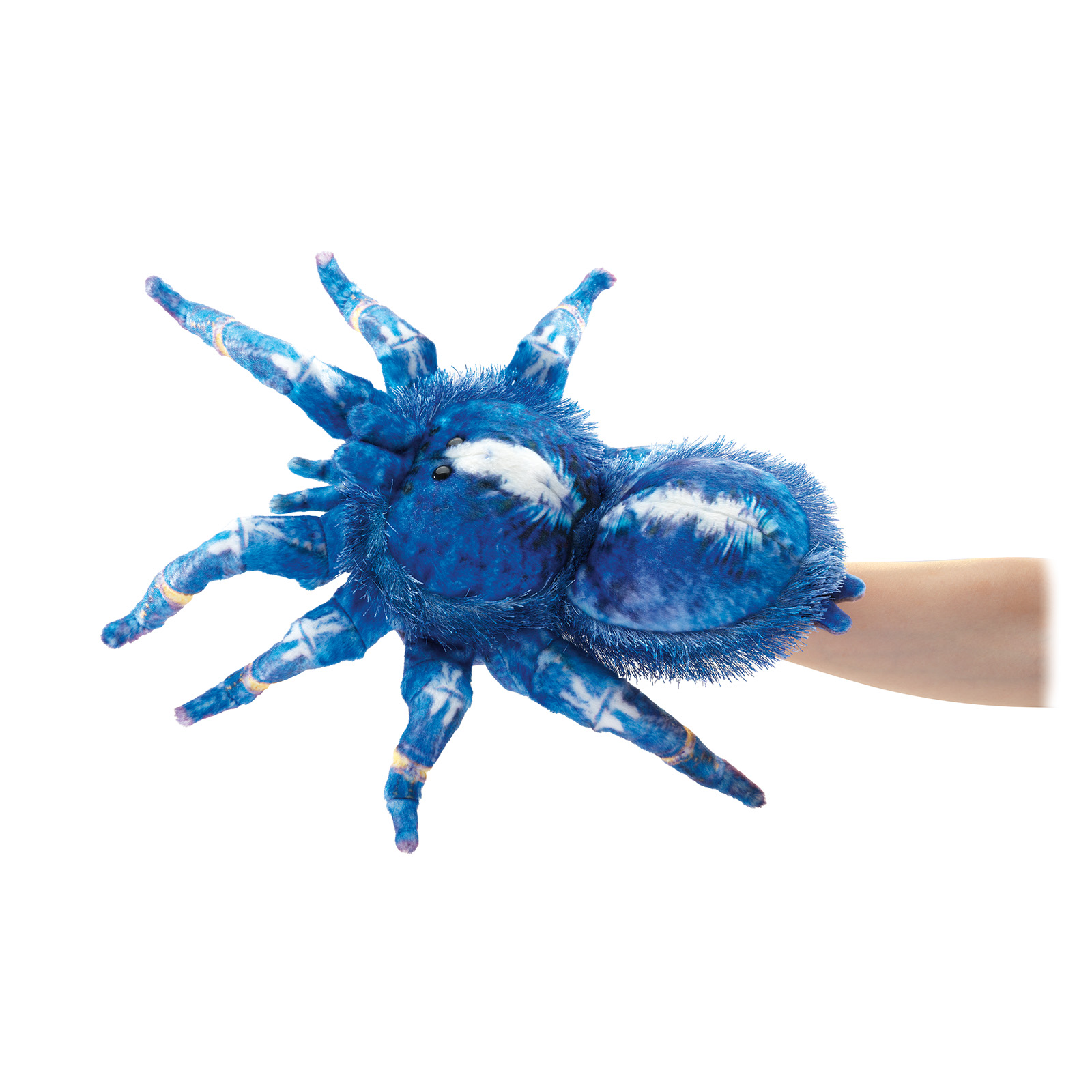 Folkmanis Handpuppe Blaue Ornament-Vogelspinne auf einer Hand, blau-weiß gemustertes Plüschfell mit gespreizten Beinen, Draufsicht