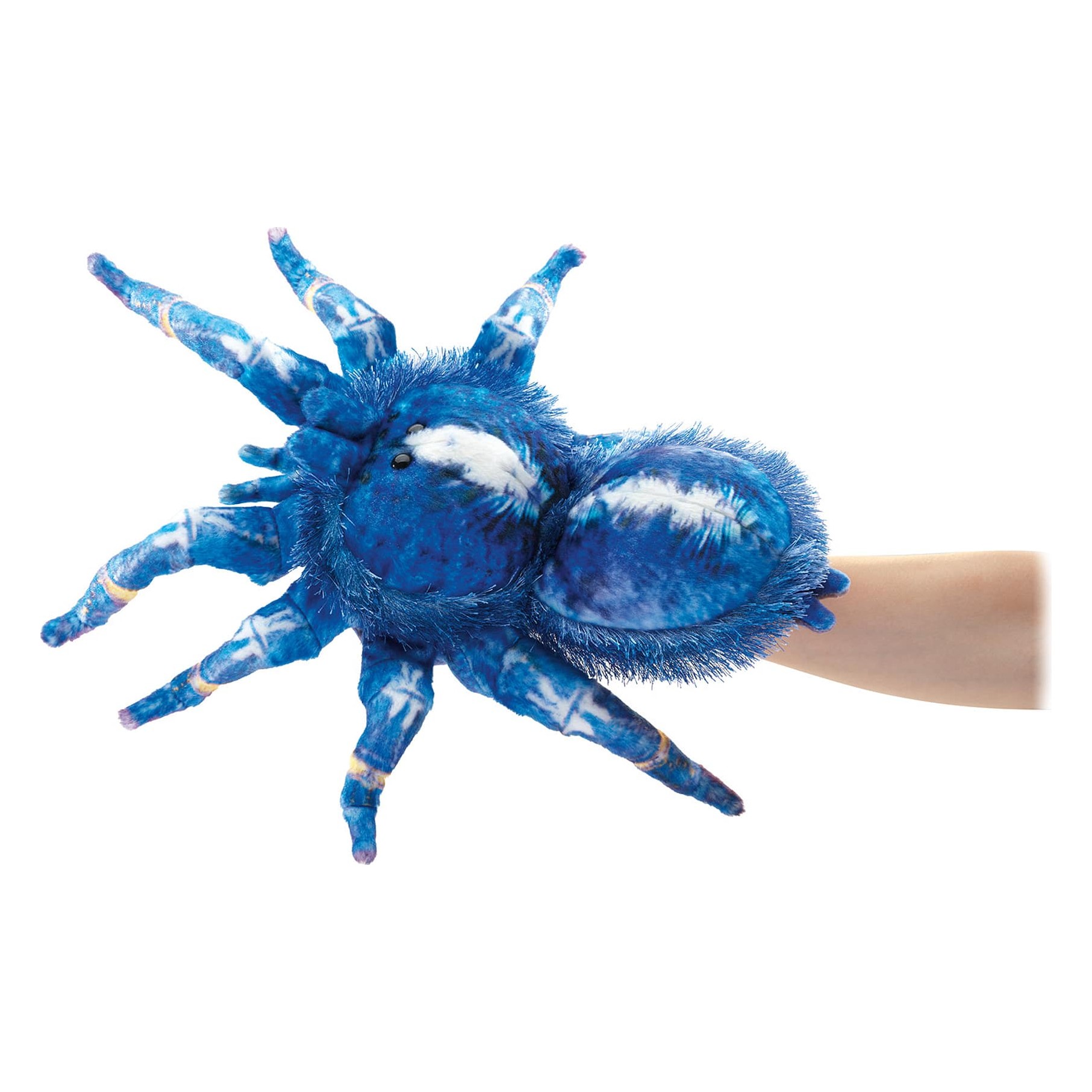 Folkmanis Handpuppe Blaue Vogelspinne auf einer Hand, blau-weiß gemustertes Plüschfell mit gespreizten Beinen, Draufsicht
