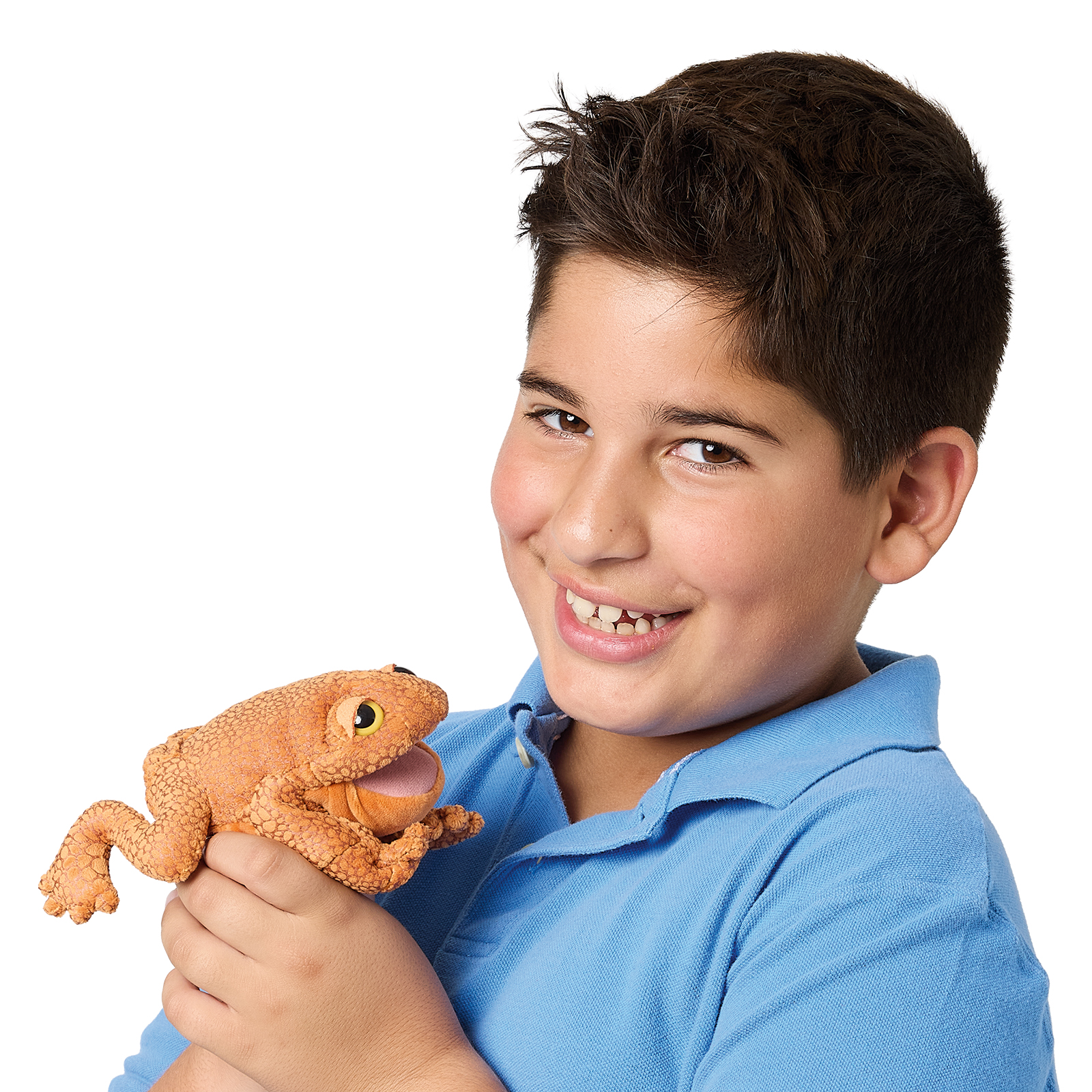 Boy holding an orange-brown Folkmanis mini toad finger puppet with textured skin and open mouth in his hands