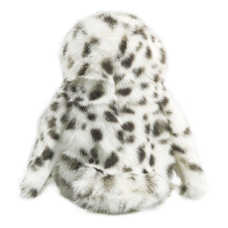 Folkmanis Handpuppe kleine Schneeeule von hinten, weißes Plüschgefieder mit grau-braunen Flecken, sitzende Pose