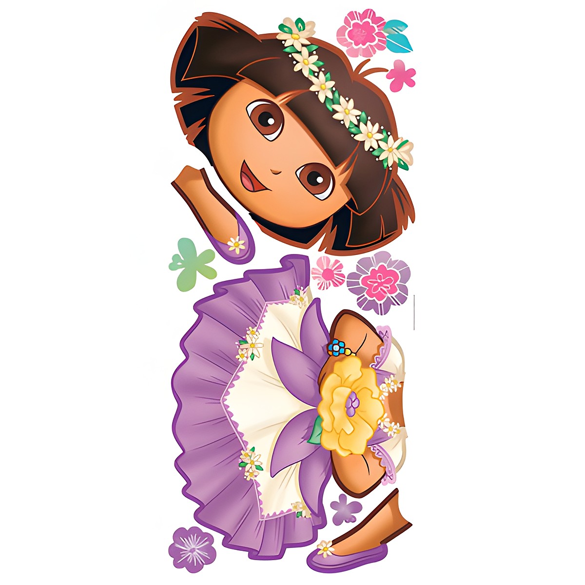 RoomMates wall decal Dora's Enchanted Forest, decal sheet with the Dora character, flowers and butterfly motifs on a white background