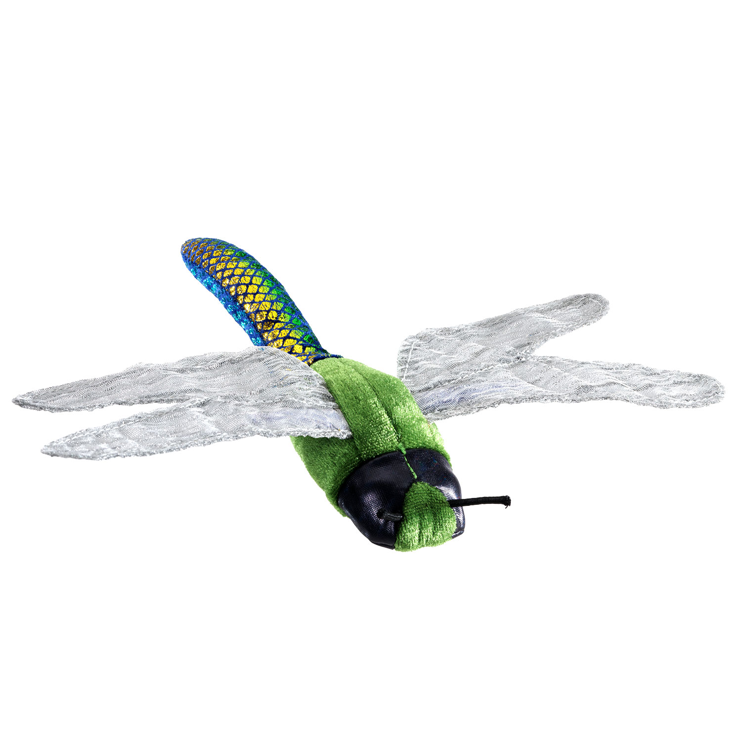 Folkmanis Fingerpuppe mini Libelle mit grünem Plüschkörper, blau-gelbem Glitzerhinterleib und silbrigen Netzflügeln