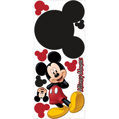 RoomMates beschreibbarer Wandsticker Disney Mickey Mouse Kreide, Klebebogen mit Micky-Silhouetten in verschiedenen Größen und Micky-Figur auf weißem Untergrund
