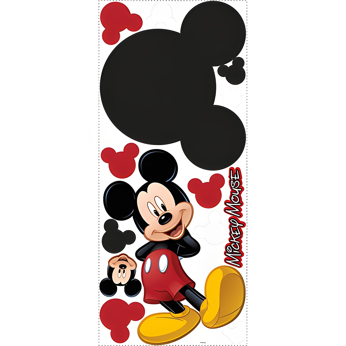 RoomMates writable wall decal Disney Mickey Mouse Chalk, decal sheet with Mickey silhouettes in various sizes and a Mickey figure on a white background
