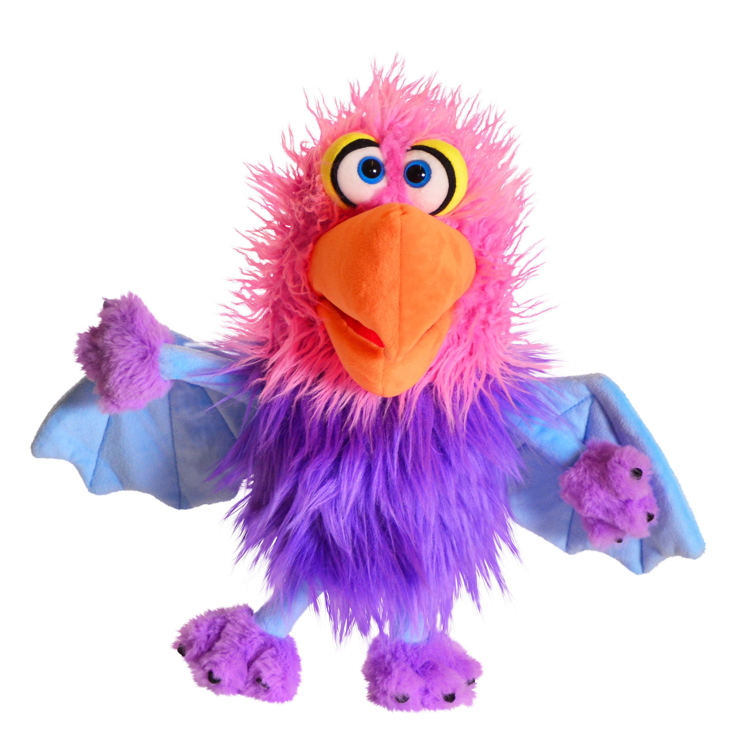 Living Puppets Handpuppe Schnäck aus der Serie Monster to go, pink-lila Vogel mit orangefarbenem Schnabel und hellblauen Flügeln, Frontansicht