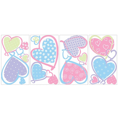 RoomMates wall decal Hearts, four decal sheets with patterned heart motifs in pastel colours on a white background