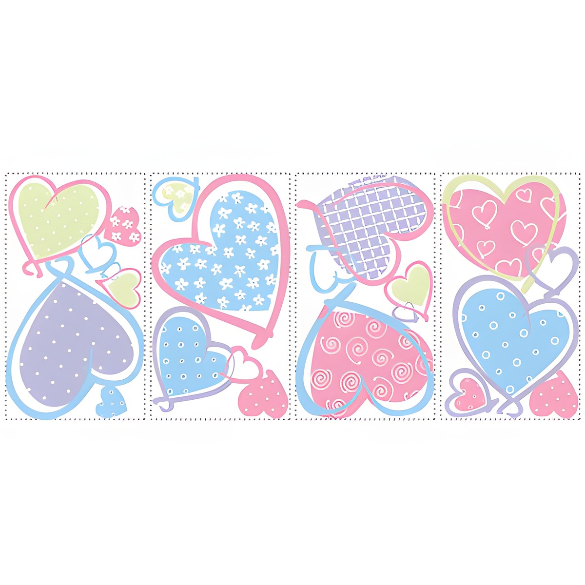 RoomMates wall decal Hearts, four decal sheets with patterned heart motifs in pastel colours on a white background
