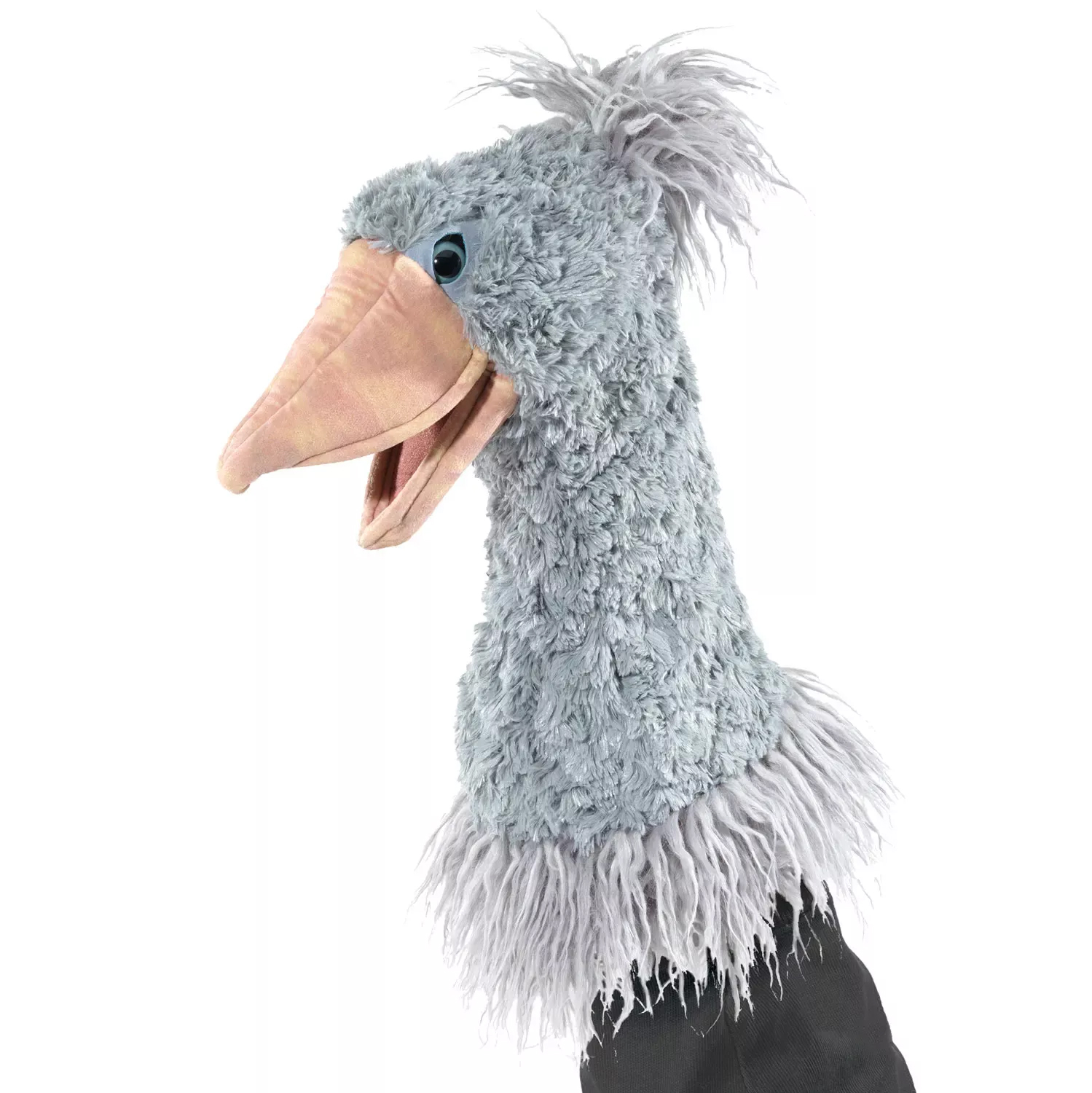 Folkmanis Handpuppe Schuhschnabel in Seitenansicht, grau-blauem Plüsch, beweglichem rosa Schnabel und zottigem Federkamm