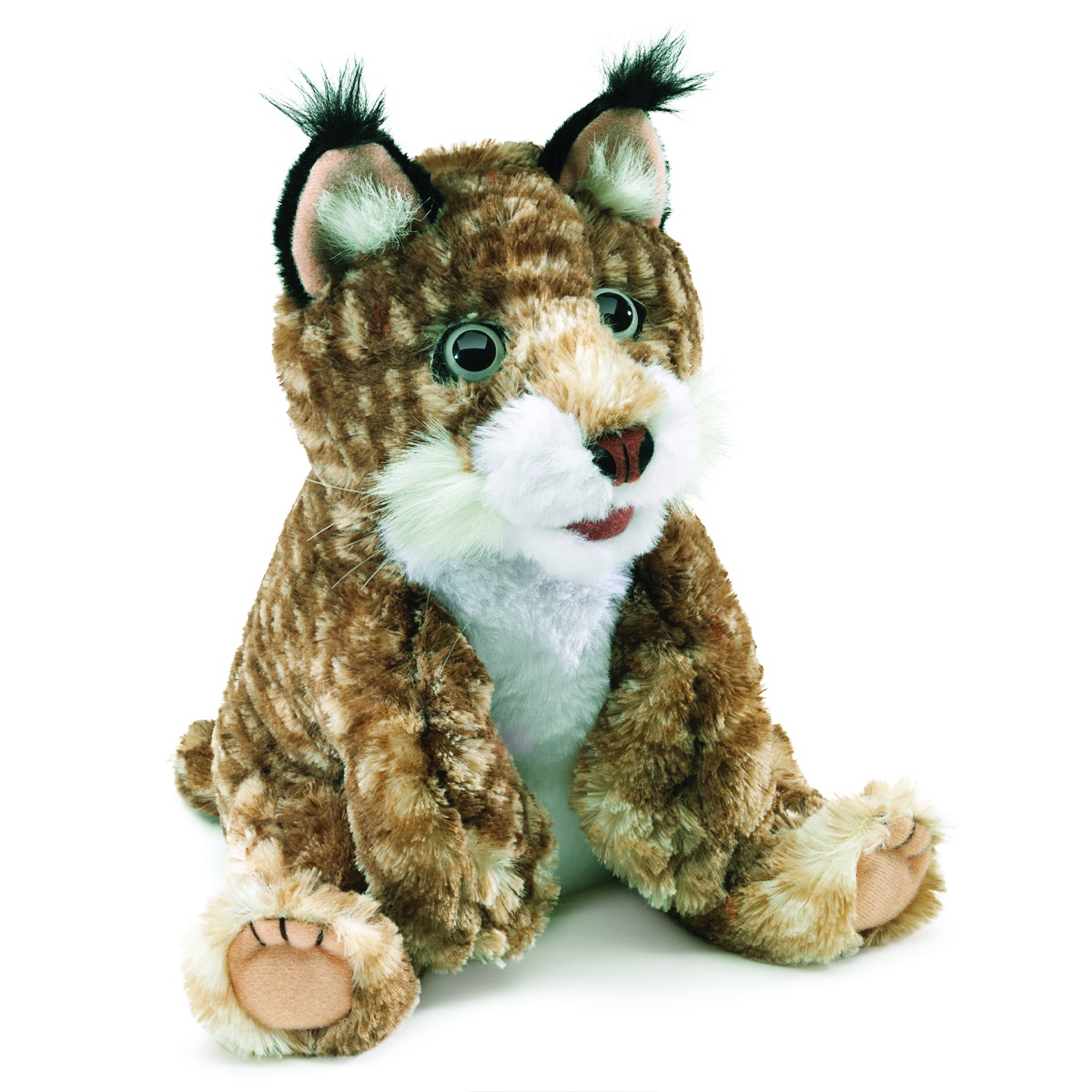 Folkmanis Handpuppe Luchsbaby sitzend, braun-getigertes Fell, schwarze Ohrpinsel, beweglicher Mund, Frontalansicht