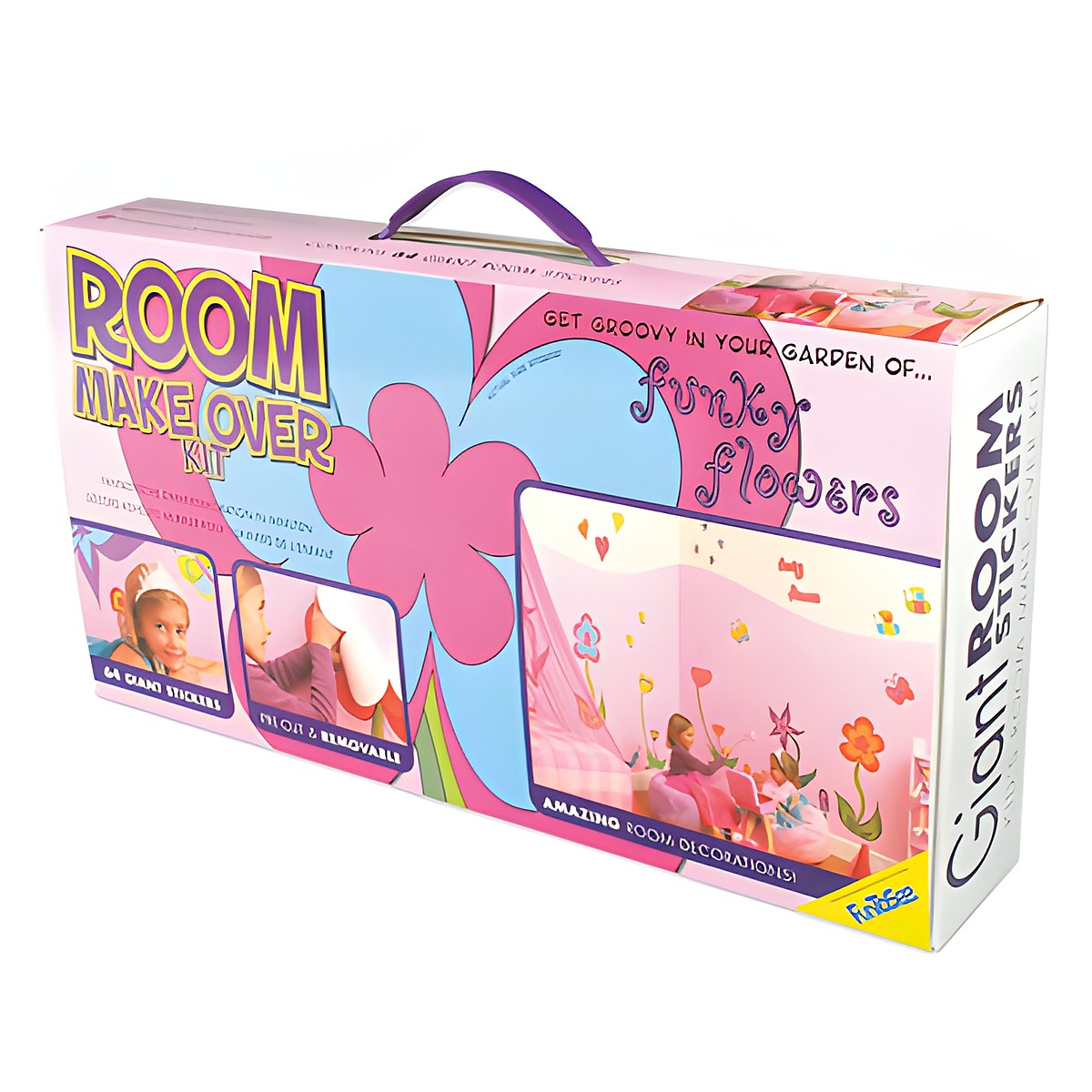 funtosee packaging room makeover kit, cardboard box printed with 64 giant stickers, flower motif in pink and blue