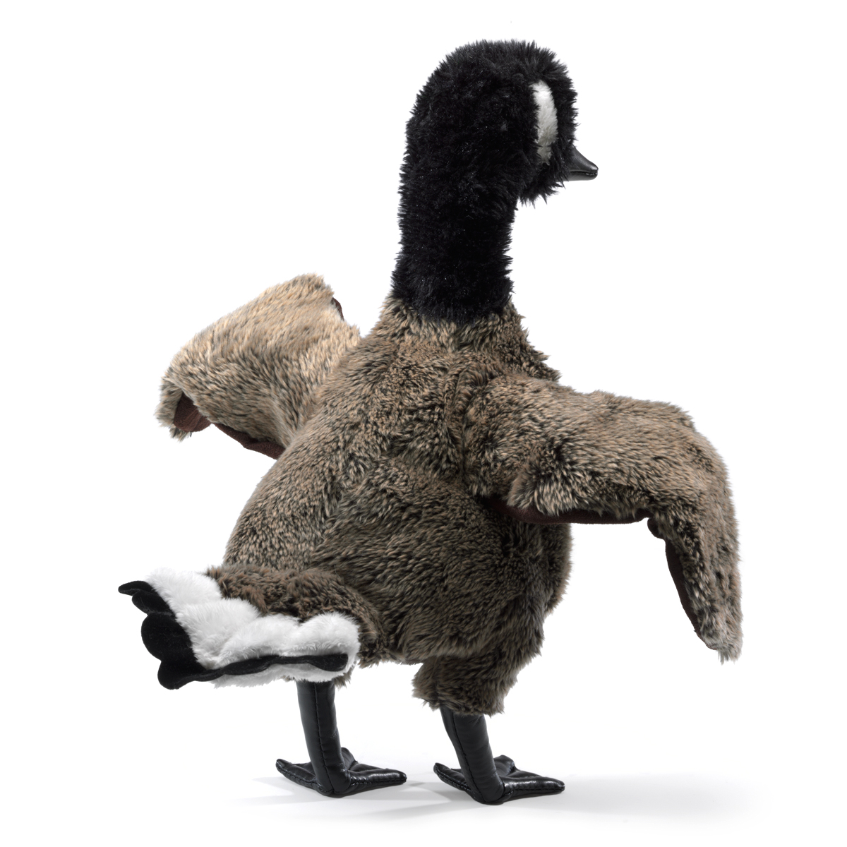 Folkmanis Handpuppe Kanada-Gans mit schwarzem Hals, weißem Wangenfleck und ausgebreiteten Flügeln, Seitenansicht