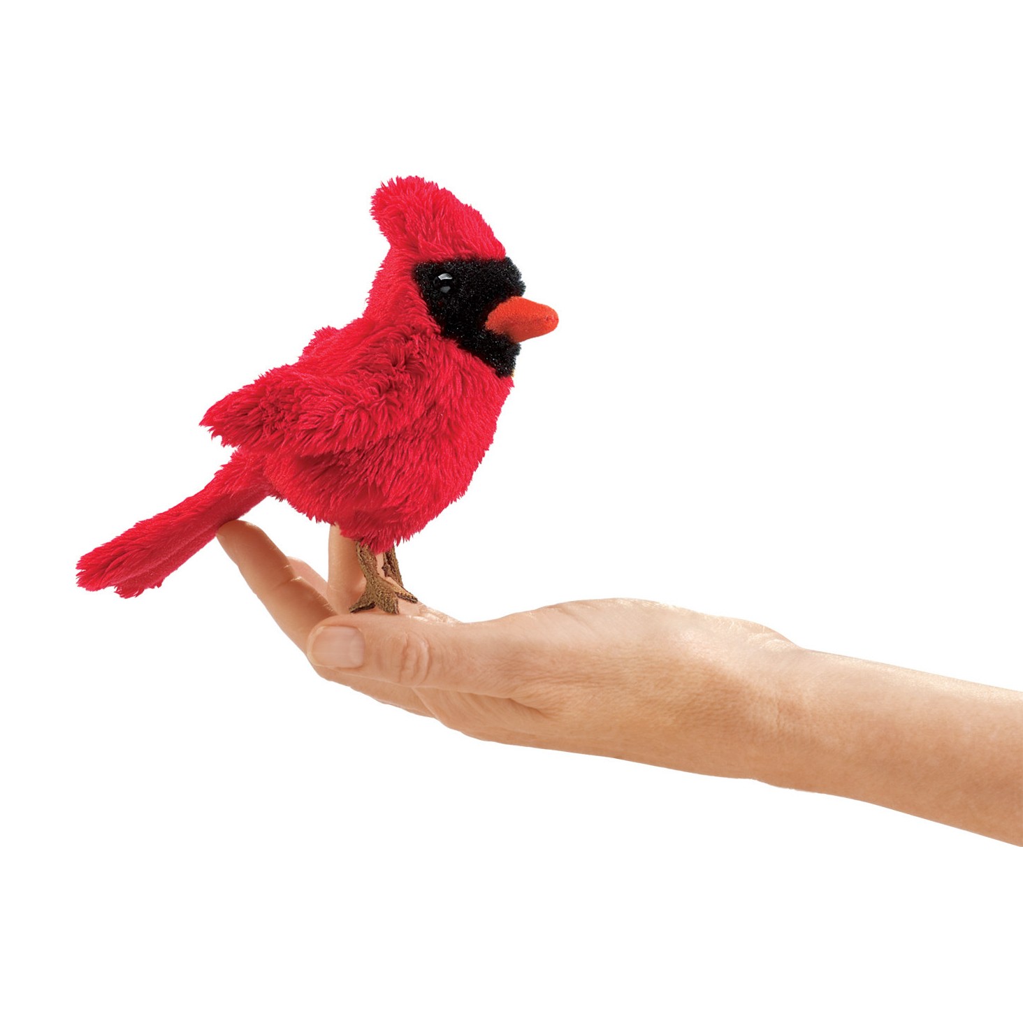 Folkmanis mini cardinal bird finger puppet in vivid red with black face mask, perched on a finger