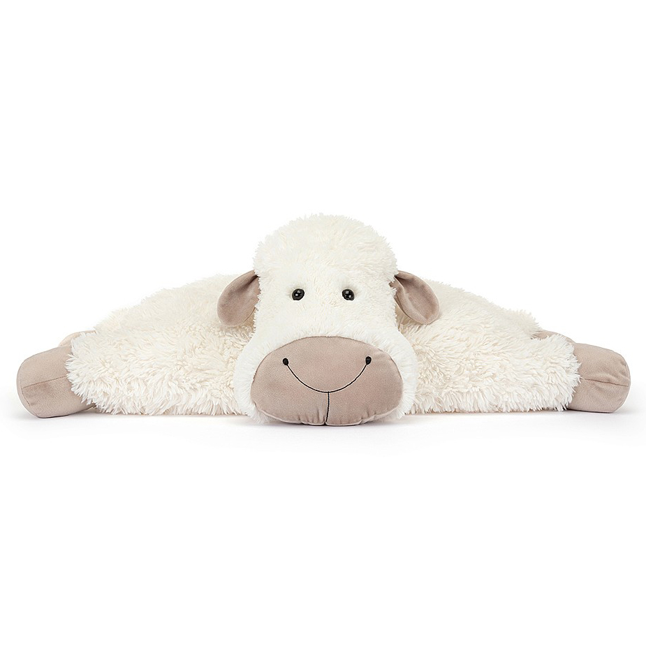 Jellycat Kuscheltier Truffles Sheep Large, liegendes cremefarbenes Plüschtier, leicht seitliche Frontansicht