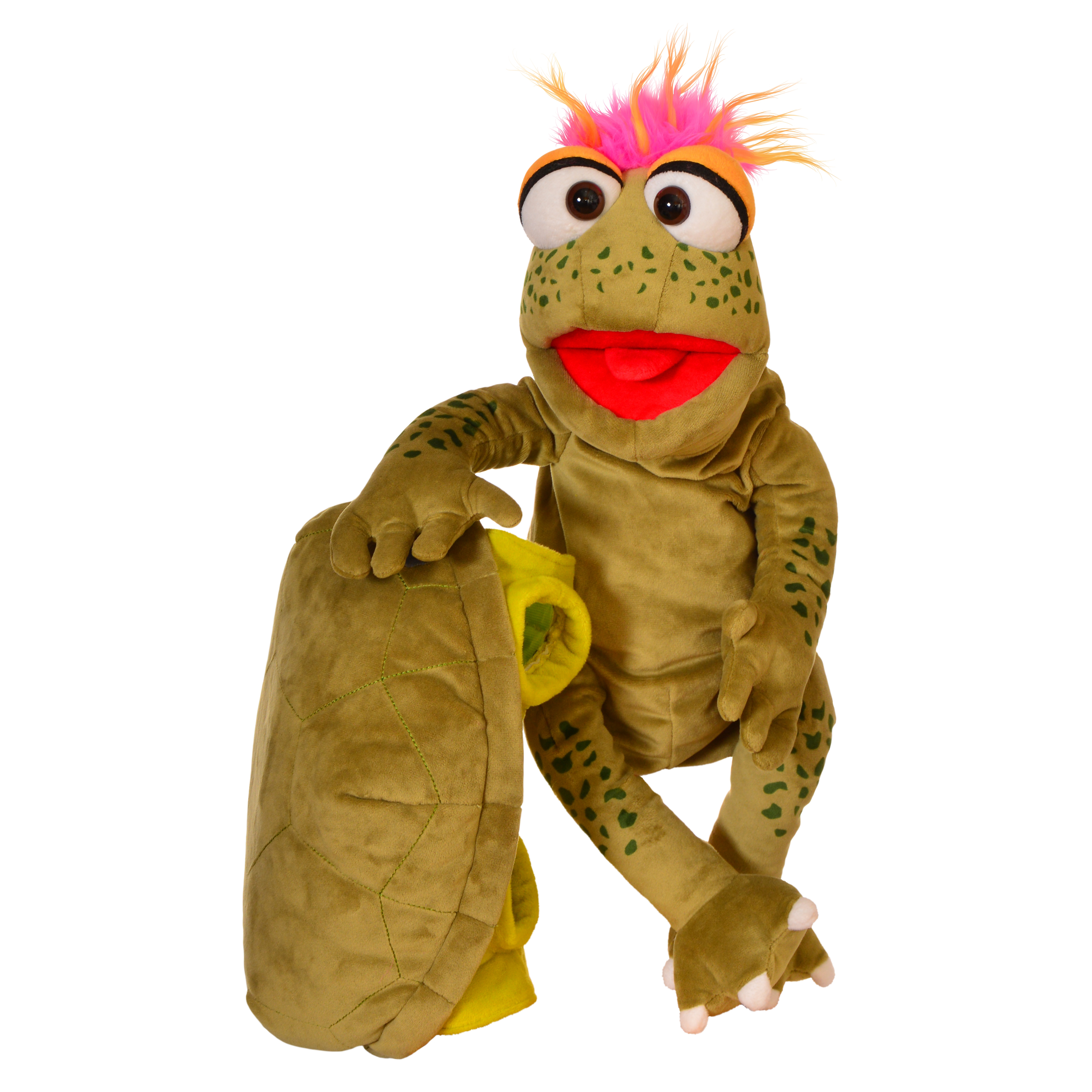Living Puppets Handpuppe Slow Moe die Schildkröte hält ihren abnehmbaren Panzer neben sich, sitzend