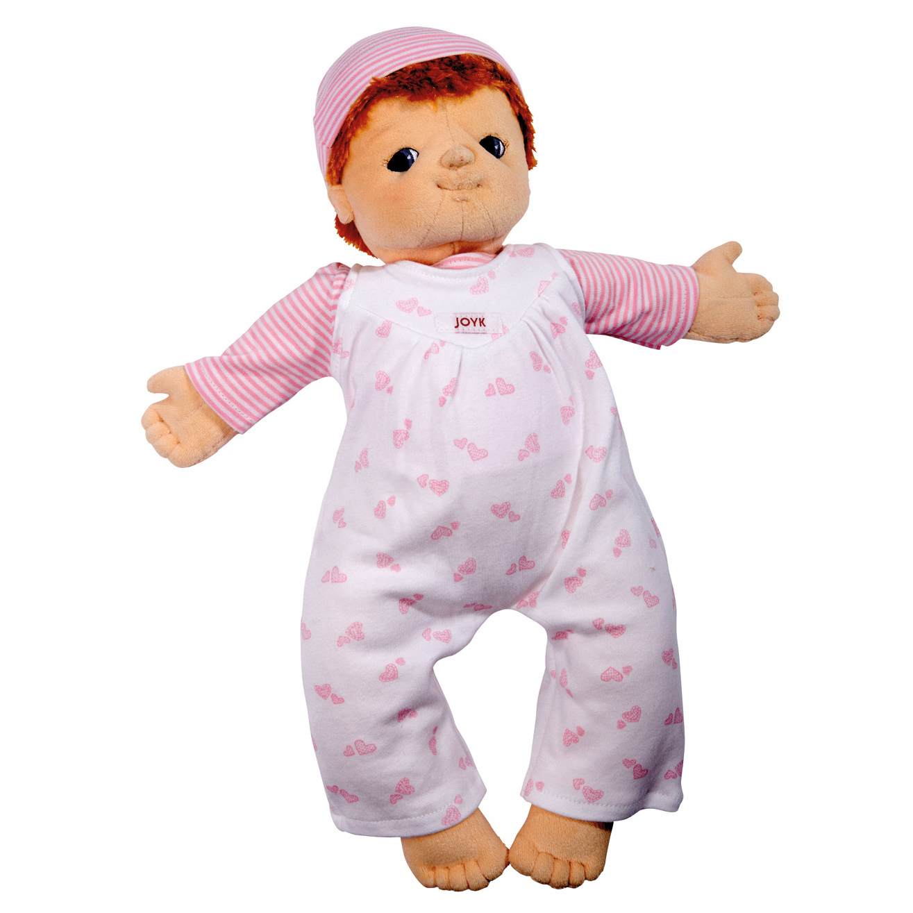 Joyk Empathiepuppe Baby Emma mit rotem Haar, rosa Mützchen und rosa gemustertem Strampler