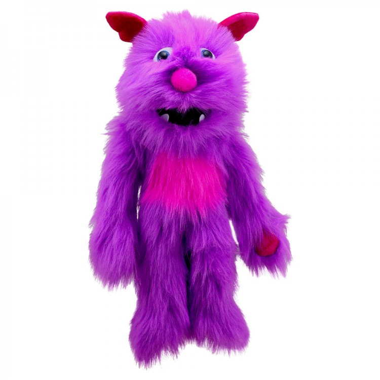The Puppet Company Handpuppe Monster Lila, lilafarbenes zottiges Monster mit pinkfarbenem Bauchfleck und spitzen Zähnen