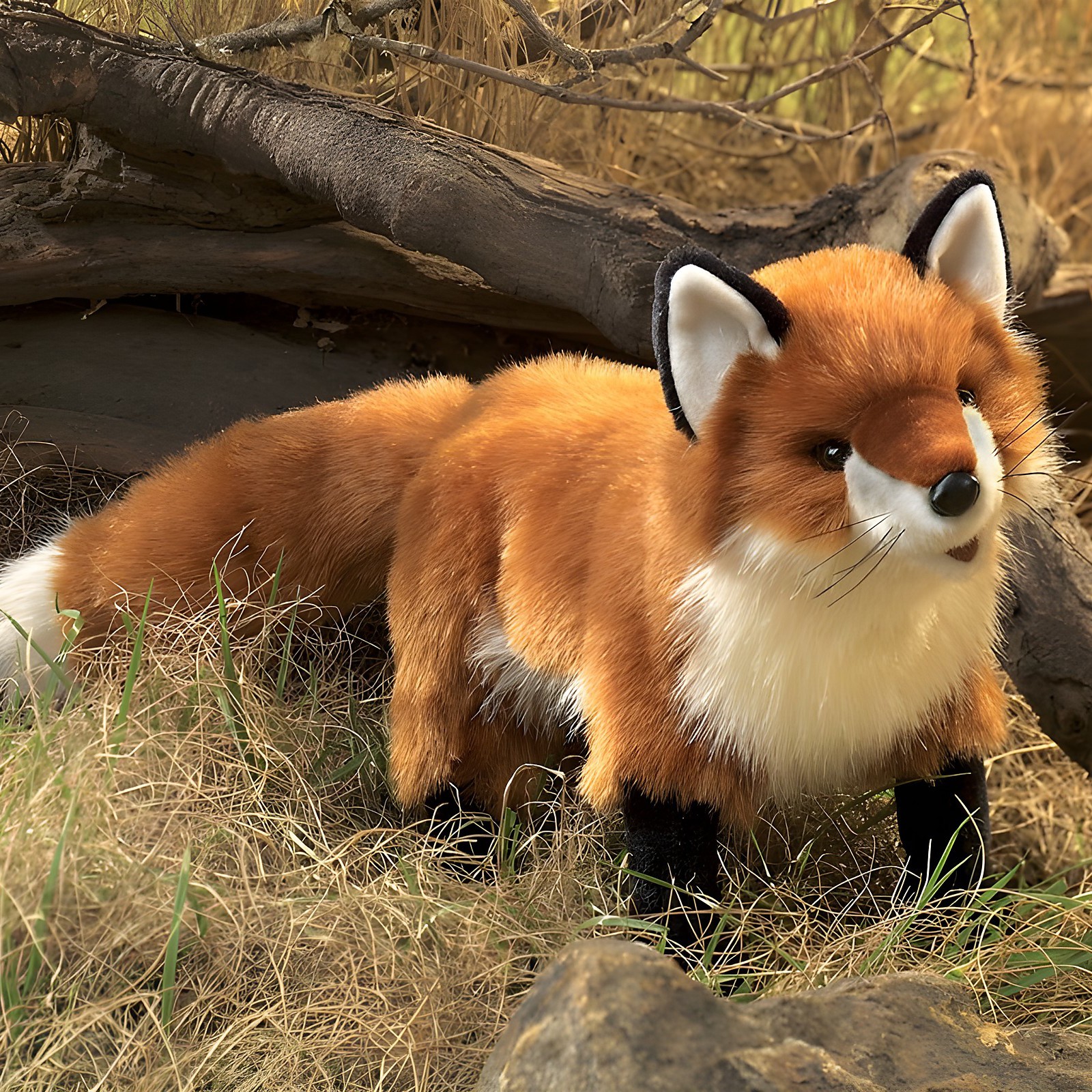 Folkmanis hand puppet large red fox with orange-brown and white fur and black paws, standing in front of roots