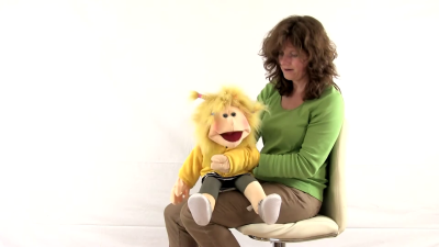 Living Puppets hand puppet Mirka with EXTRA pink trench coat Demo