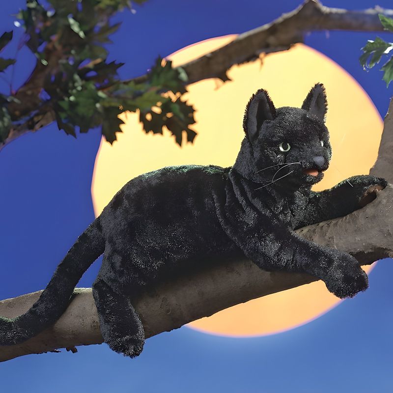 Folkmanis black cat hand puppet on a branch in front of a full moon